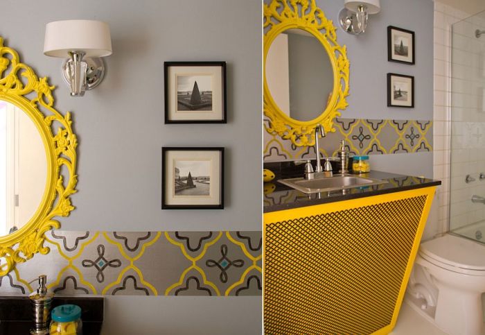 Yellow gray and white bathroom decor