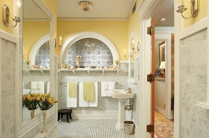 Yellow and grey bathroom decor