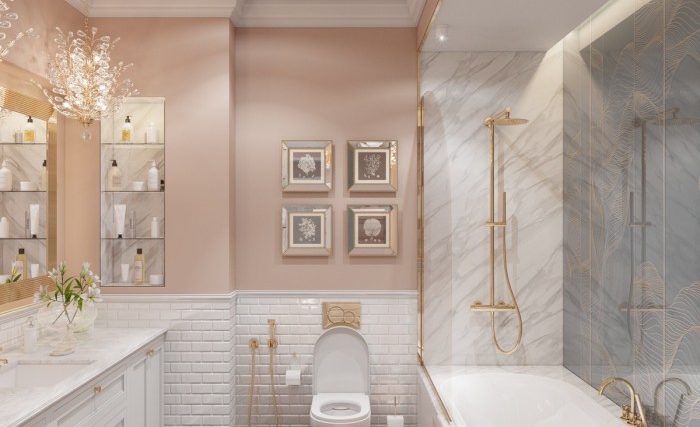 Pink and gray bathroom decor