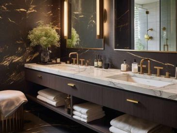 Brown and gold bathroom decor