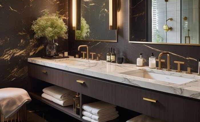 Brown and gold bathroom decor