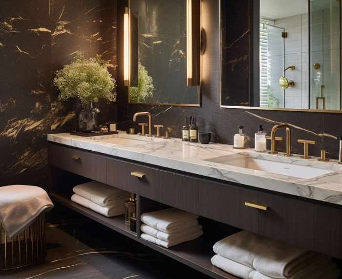 Brown and gold bathroom decor