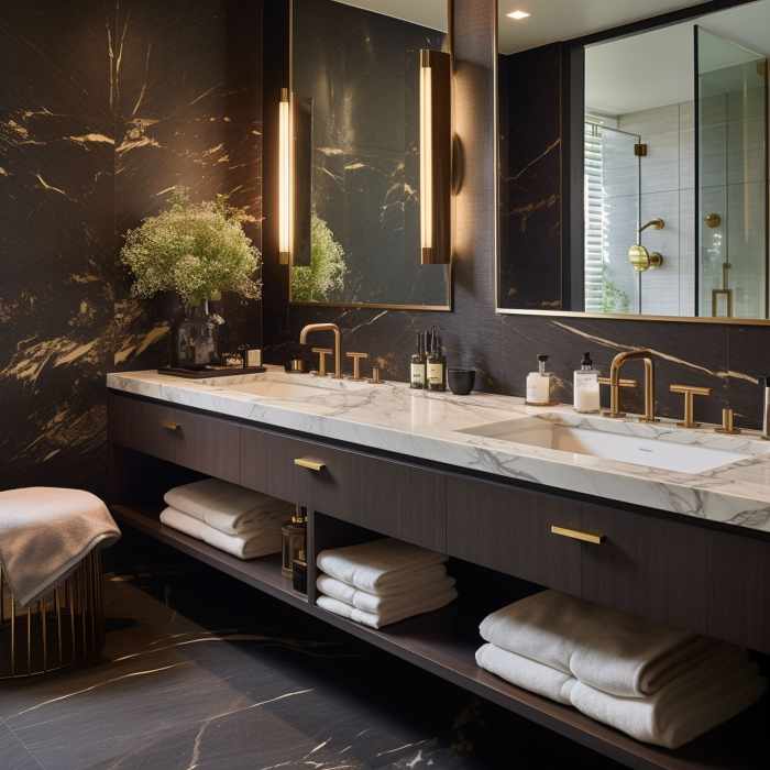 Brown and gold bathroom decor